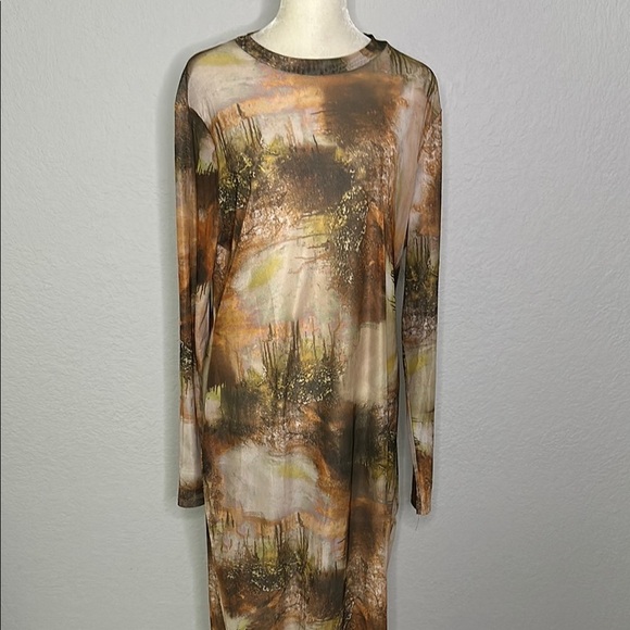 Abstract Long Sleeve Sheer Pillar Dress Neutral Western 2X - Picture 1 of 12